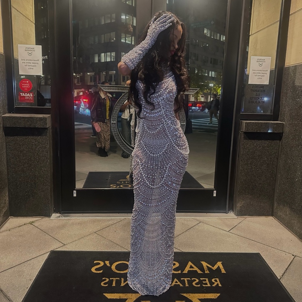 Elegant Silver Beaded Evening Gown
